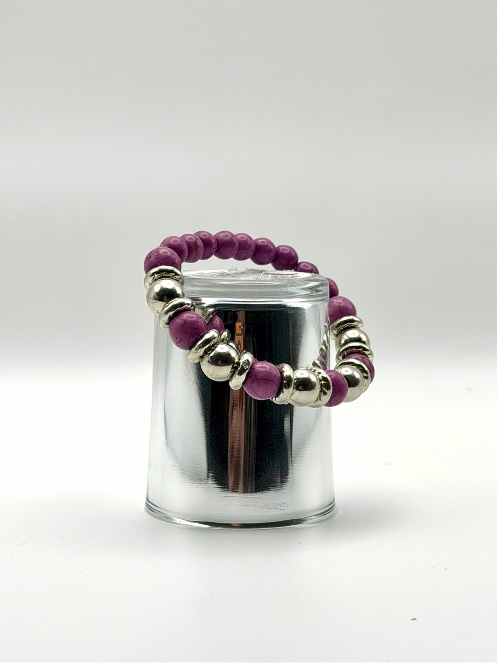 Purple Beaded Stretch Bracelet Silver Accent Boho Earthy Everyday Summer Jewelry